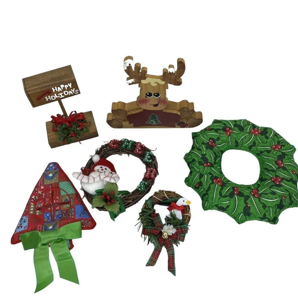 Christmas Decor Lot Primitive Farmhouse Wood Fabric Wreath Reindeer Set 6 Rustic
